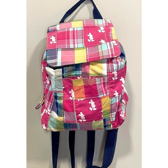 Disney Parks Mickey Silhouette Pink Madras Patchwork Backpack - Picture 1 of 8